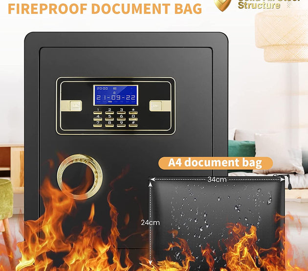 2.12 Cub Safe Box Fireproof Waterproof, Security Home Safe with Fireproof Document Bag, Large Fireproof Safe Box for Home with Inner Cabinet and LCD Display, Safe Box for Money Jewelry Documents