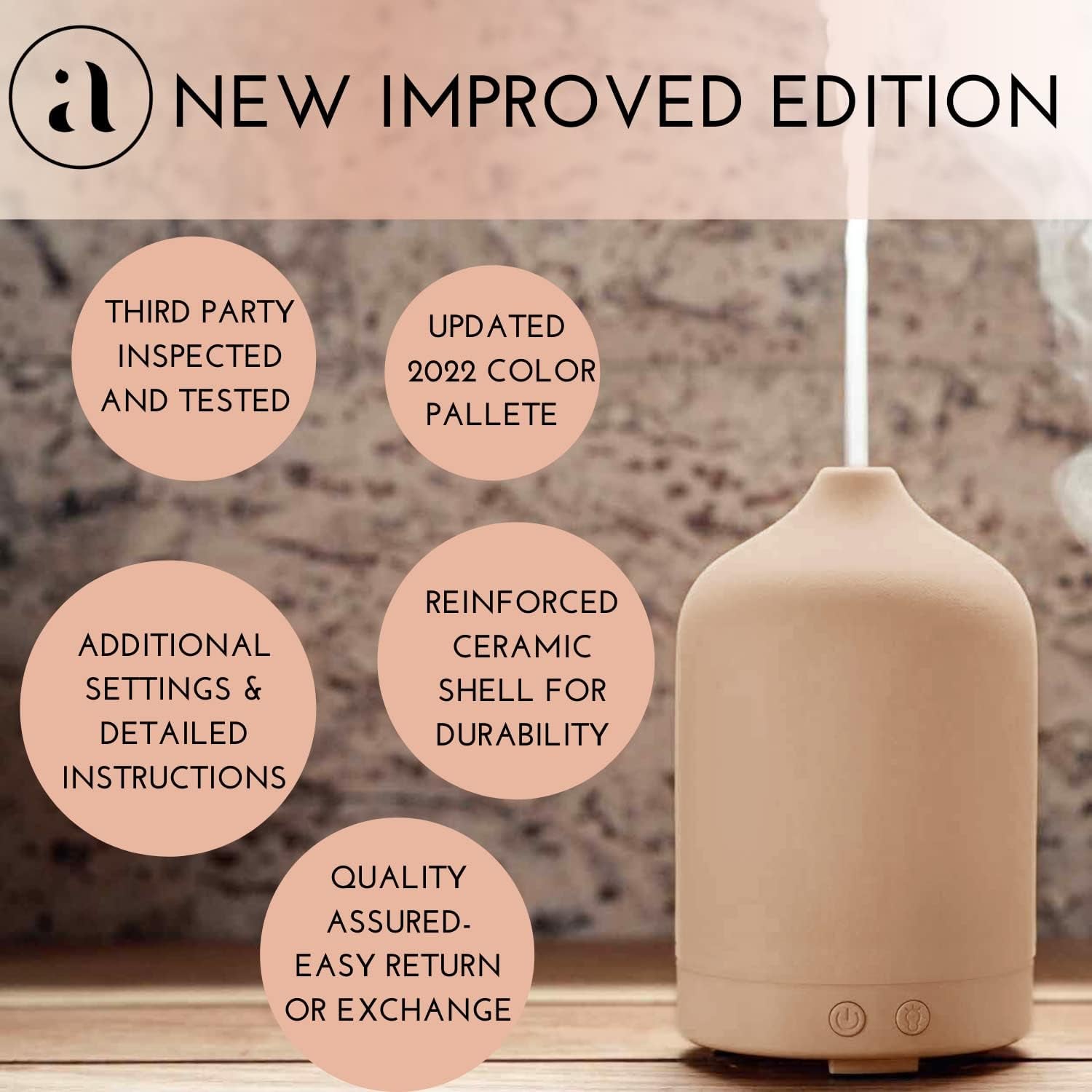 Ceramic Diffusers for Essential Oils - Elegant Stone Aromatherapy Diffuser for Home and Office - 3 in One Diffuse, Humidify and Ionize - Easy to Use (Sand)