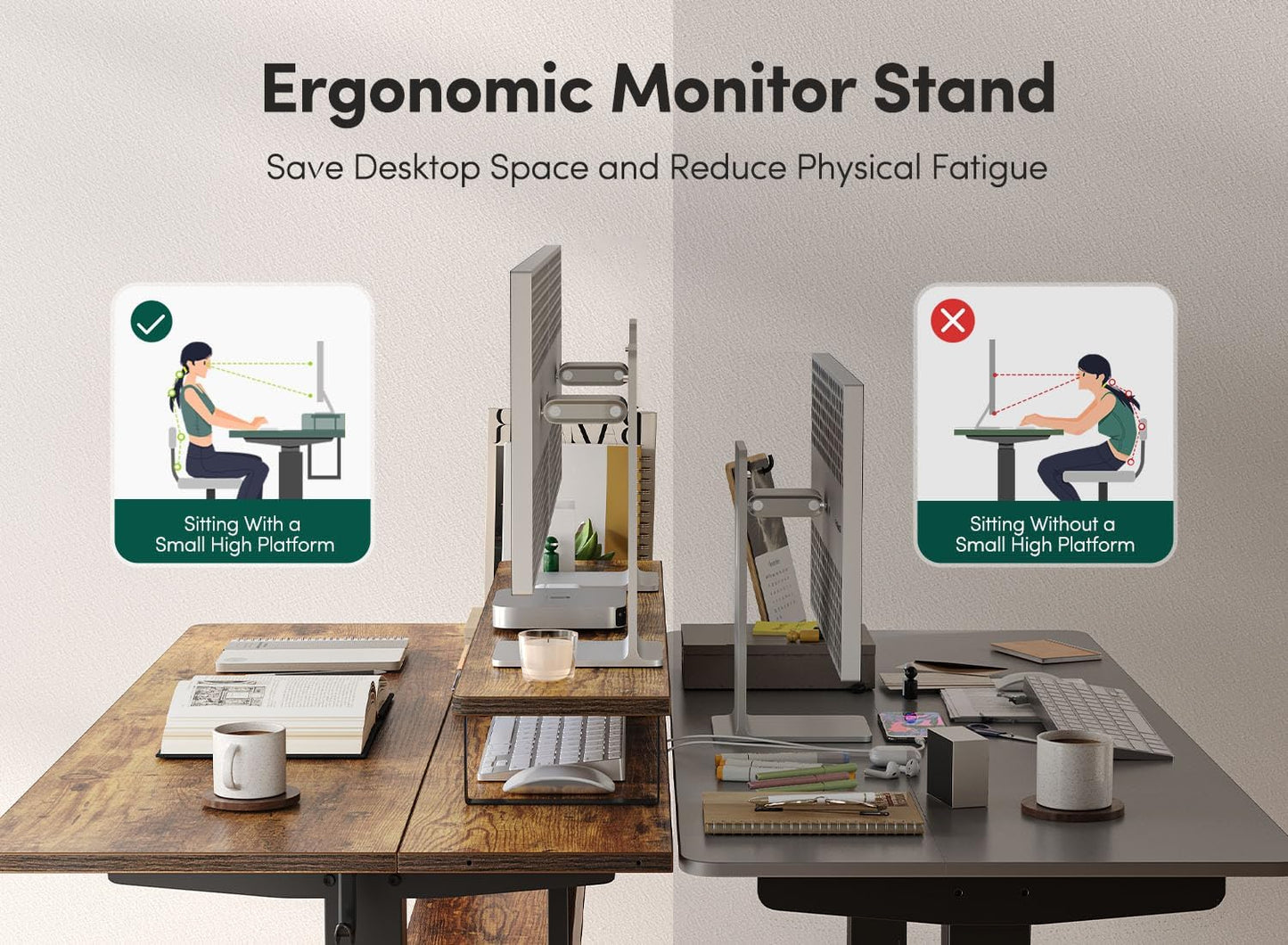 48" Electric Standing Desk with Shelves, 48 X 24 Inch Sit Stand Rising Desk with Monitor Stand and Storage, Ergonomic Home Office Computer Desk, Rustic