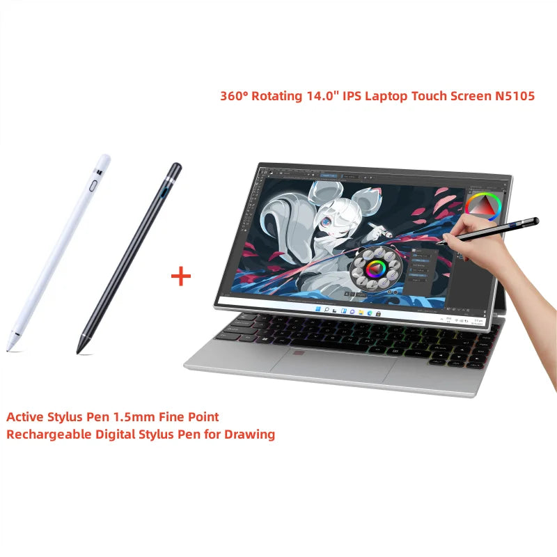 360° Rotating 14.0'' IPS Touch Screen 32G 128G-1T Laptop N95 Windows 11 Notebook 4 in 1 Tablet Business Office Slim Touch ID RGB