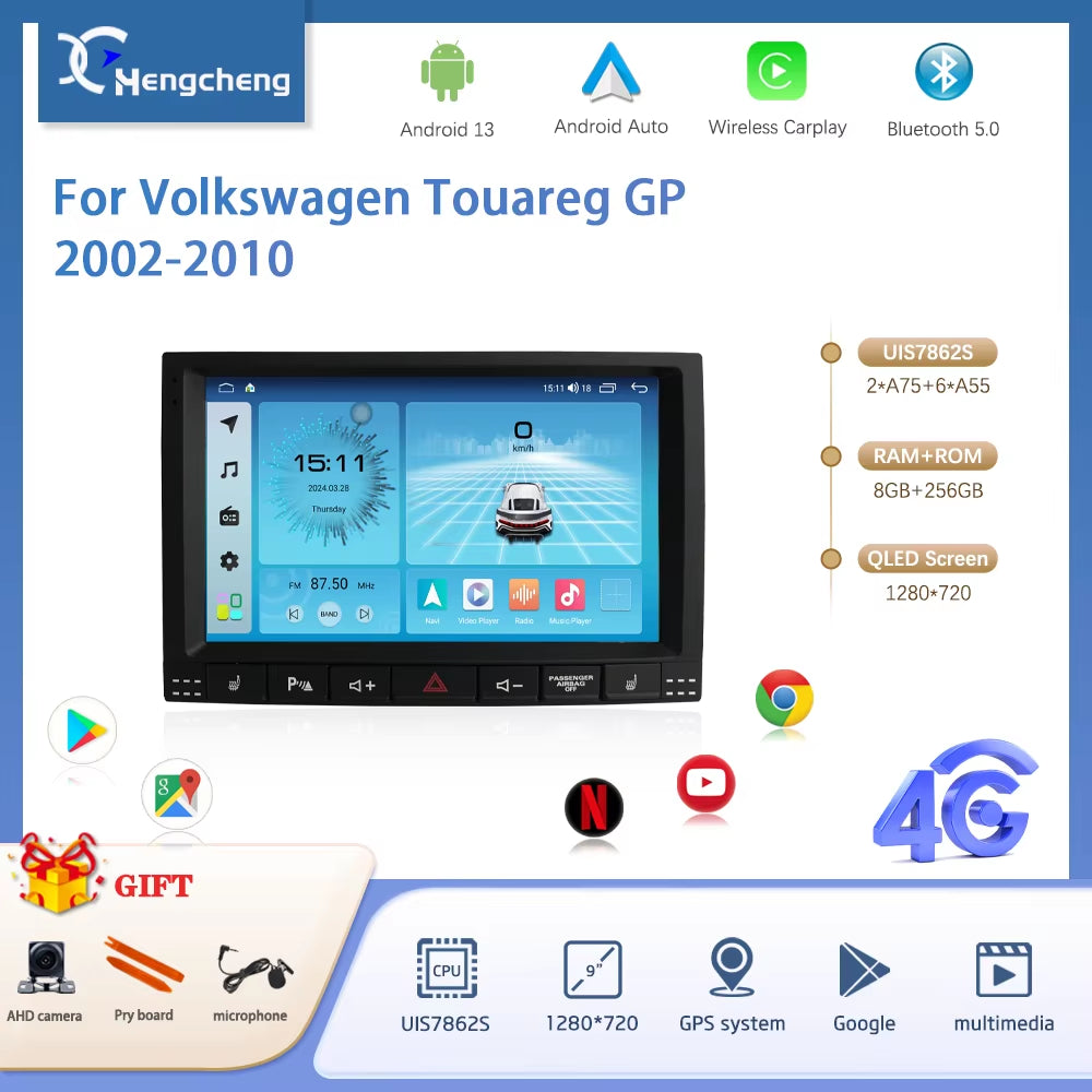 9Inch for Volkswagen Touareg GP 2002-2010 Car Multimedia Video Player GPS Navigation Radio Android13 8Core 8+256G Carplay 4G 360