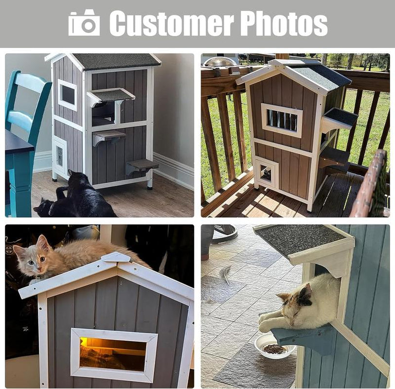 Outdoor Cat Shelter Weatherproof, Two Story Wooden outside Feral Cat House with Openable Roof, Escape Door, Grey White Urban Plus