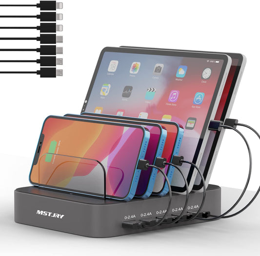 Charging Station for Multiple Devices,  5 Port Multi USB-A Charger Station with Power Switch Designed for Iphone Ipad Cell Phone Tablets (Gray, 7 Mixed Short Cables Included)