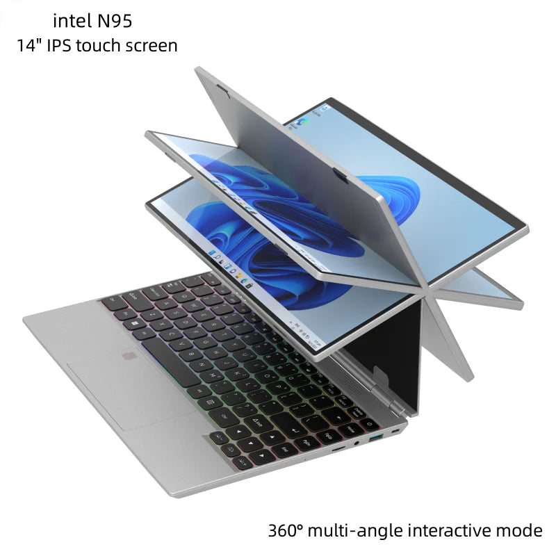 360° Rotating 14.0'' IPS Touch Screen 32G 128G-1T Laptop N95 Windows 11 Notebook 4 in 1 Tablet Business Office Slim Touch ID RGB