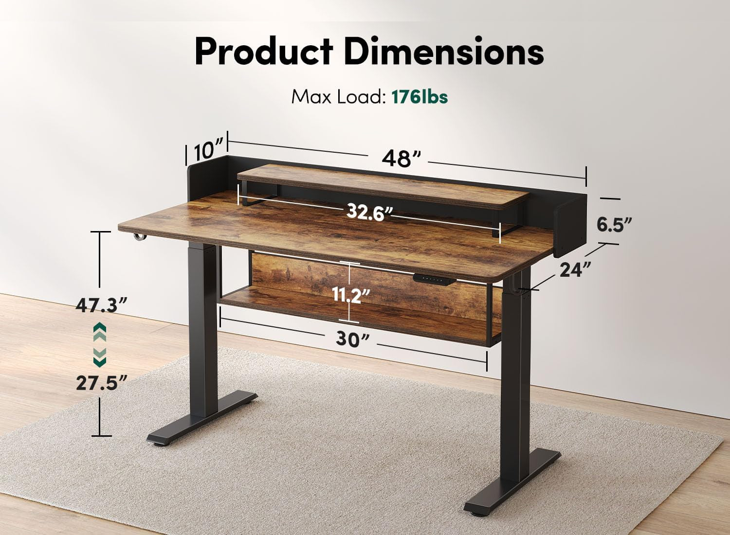 48" Electric Standing Desk with Shelves, 48 X 24 Inch Sit Stand Rising Desk with Monitor Stand and Storage, Ergonomic Home Office Computer Desk, Rustic