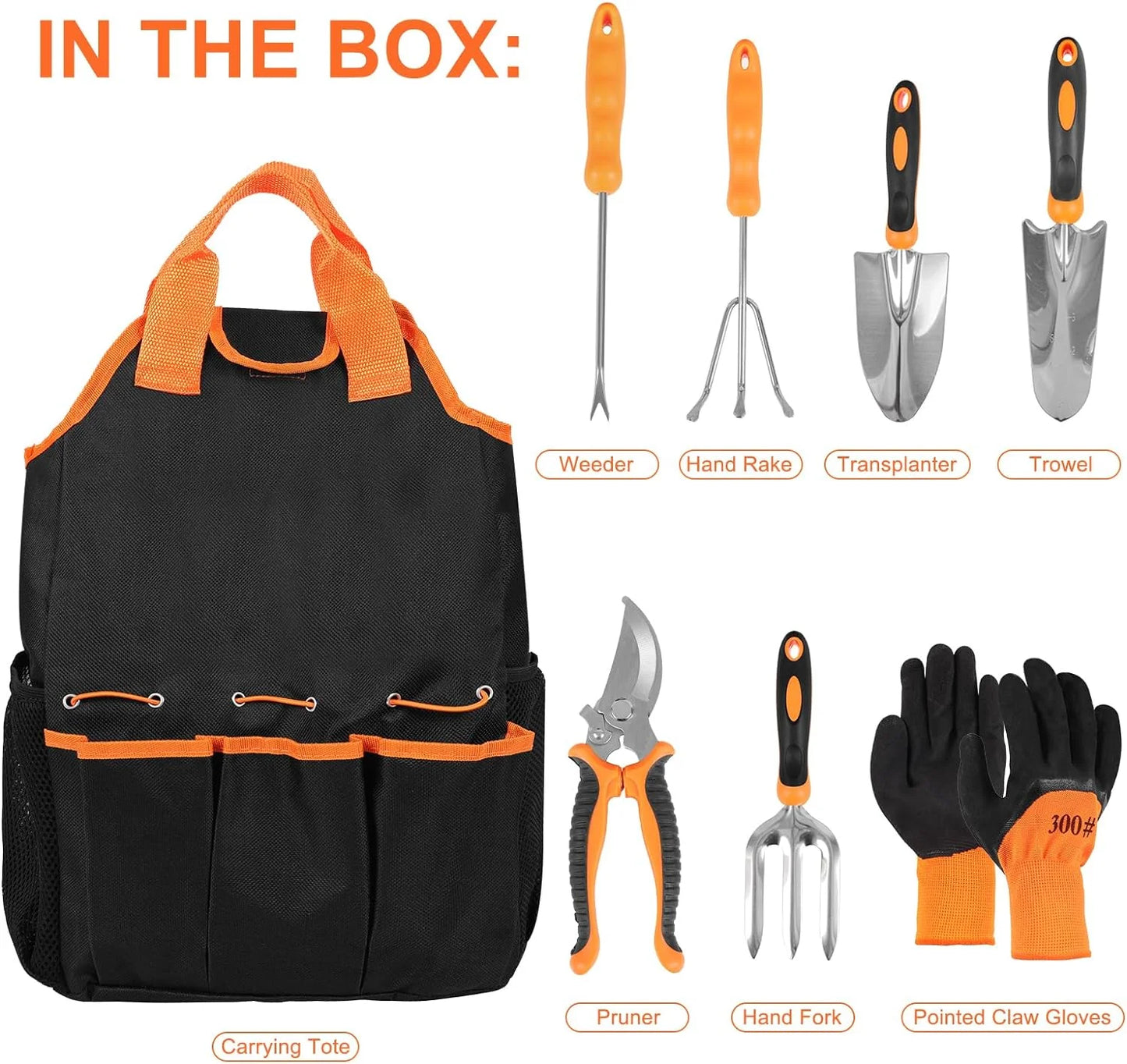 Garden Tools Set of 9, Complete Gardening Tools Kit, Comes with Non-Slip Rubber Grip Storage Tote Bag, Orange