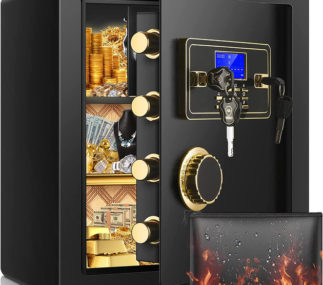 2.12 Cub Safe Box Fireproof Waterproof, Security Home Safe with Fireproof Document Bag, Large Fireproof Safe Box for Home with Inner Cabinet and LCD Display, Safe Box for Money Jewelry Documents