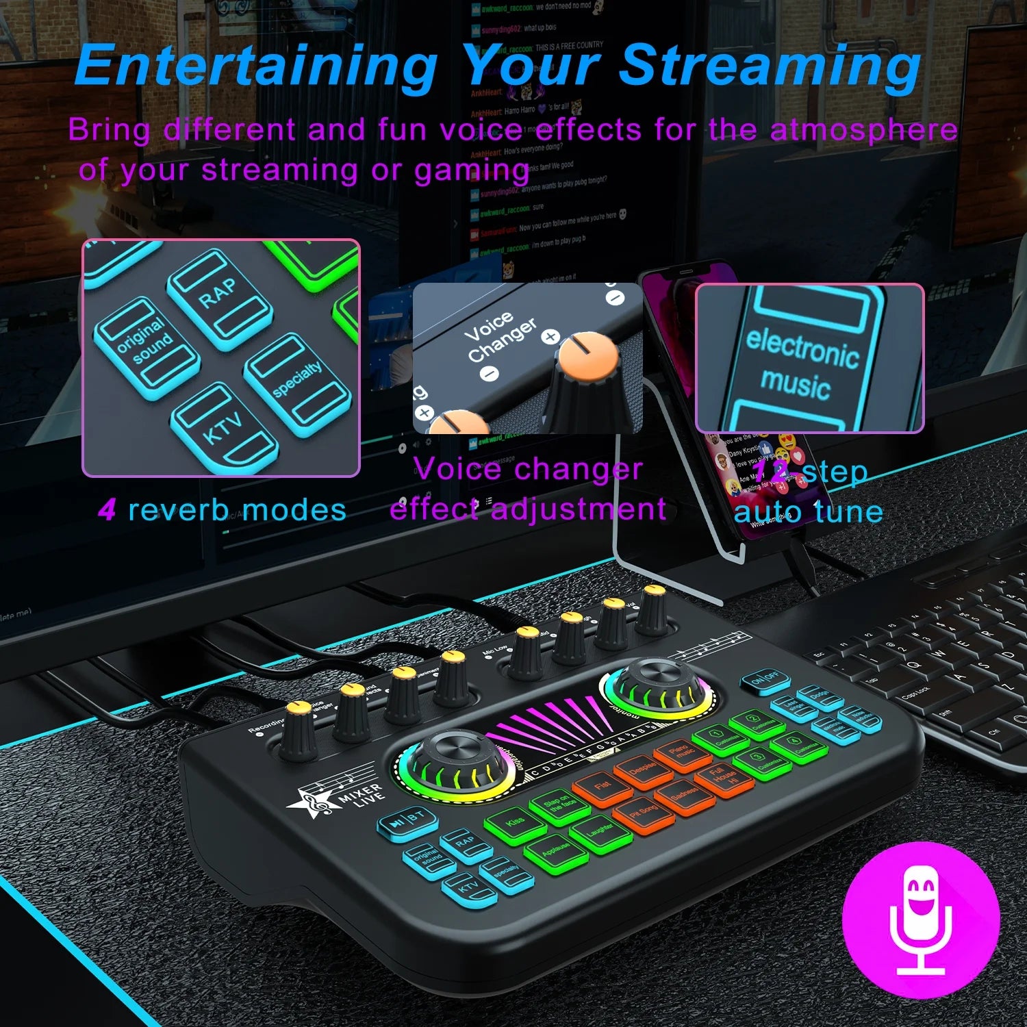 Professional Audio Mixer, Live Sound Card and Audio Interface with DJ Mixer Effects and Voice Changer,Podcast Production Studio Equipment, for Tiktok Youtube(Black)