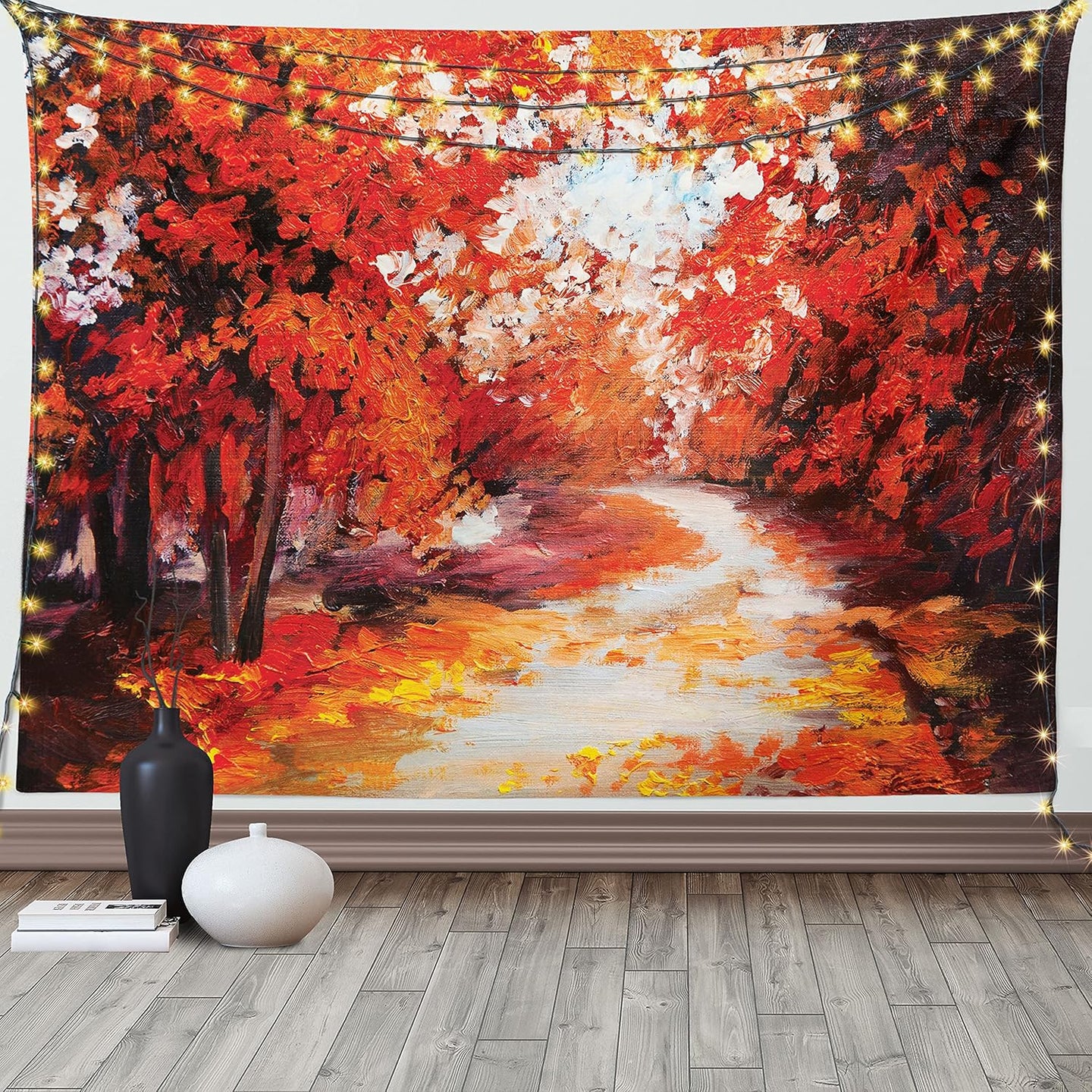 Watercolor Tapestry, Autumn Woodland Panorama Scarlet Forest Pathway Leaves and Trees, Wide Wall Hanging for Bedroom Living Room Dorm, 60" X 40", Vermilion and Dark Maroon