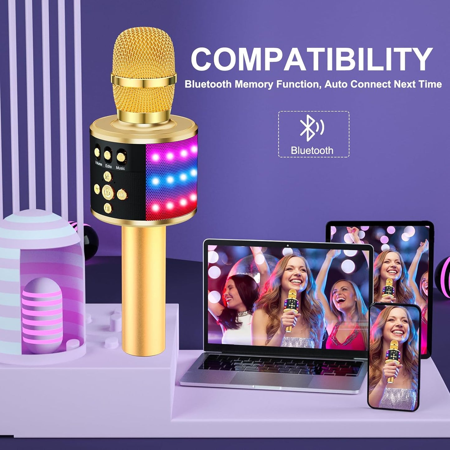 Bluetooth Wireless Karaoke Microphone with LED Lights,4-In-1 Portable Handheld Mic with Speaker Karaoke Player for Singing Home Party Toys Birthday Gift for Kids Adults Girls Q78(Gold)