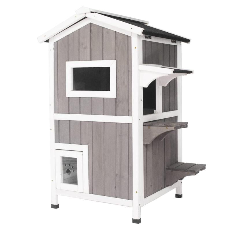 Outdoor Cat Shelter Weatherproof, Two Story Wooden outside Feral Cat House with Openable Roof, Escape Door, Grey White Urban Plus