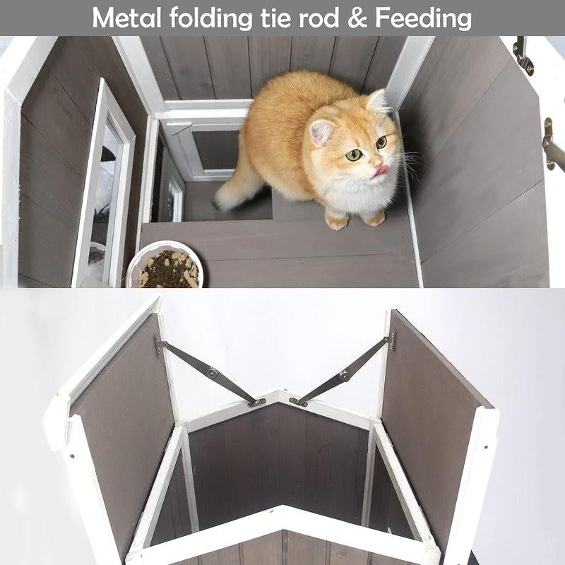 Outdoor Cat Shelter Weatherproof, Two Story Wooden outside Feral Cat House with Openable Roof, Escape Door, Grey White Urban Plus