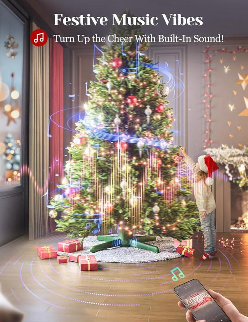 【Springlift】Rotating Christmas Tree Stand with Speaker, for 7-9Ft 120 Lb Artificial Christmas Tree with Remote, Built-In 3 Light Output Ports 800W