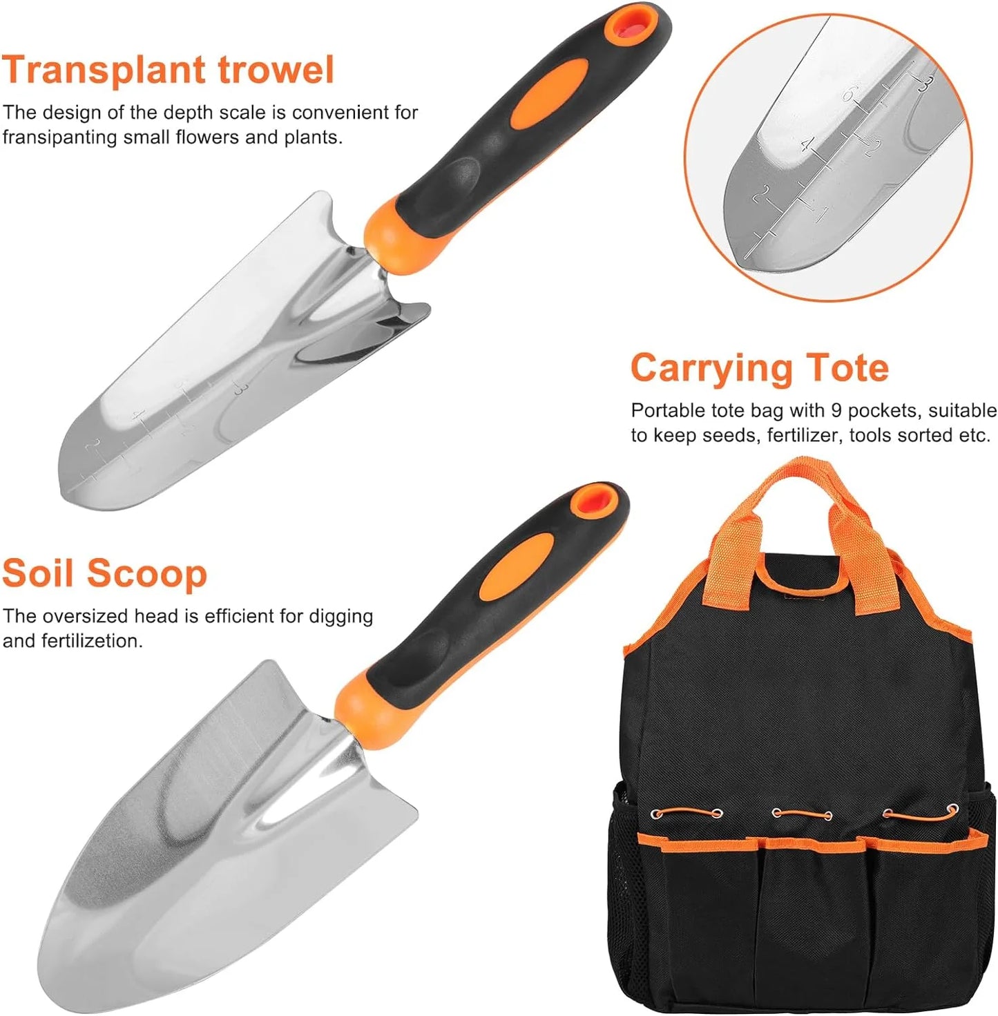 Garden Tools Set of 9, Complete Gardening Tools Kit, Comes with Non-Slip Rubber Grip Storage Tote Bag, Orange