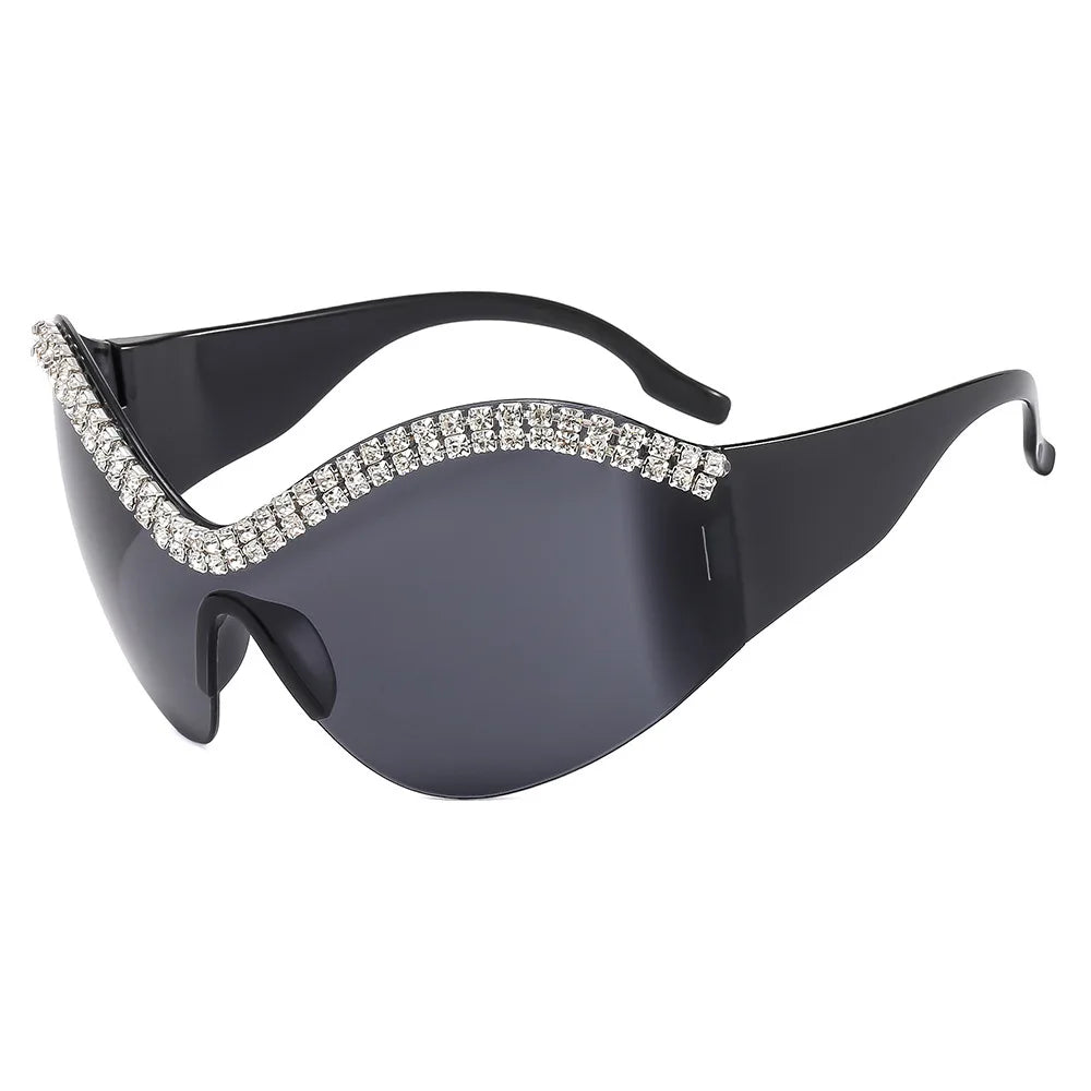 Y2k Style Large Framed Wrap Around Black Futuristic Diamond Sun Glasses Fashion Sunglasses Street Shades Beach Accessories