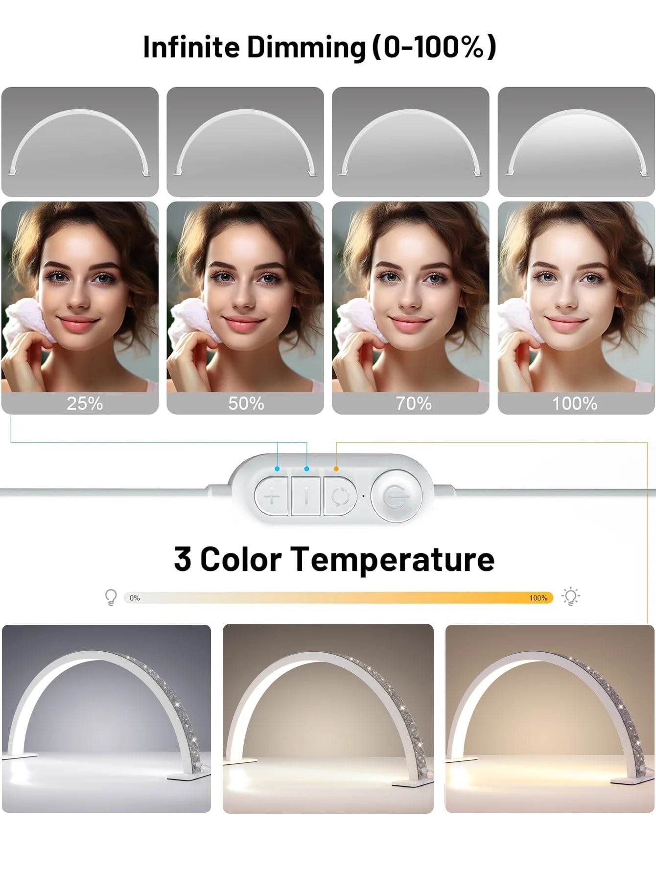3000-6000K Shadowless Fill Light Nail Lighting Lamp Desktop Beauty Lamp 3 Color adjustable Light Half Moon Shaped Beauty Lamp