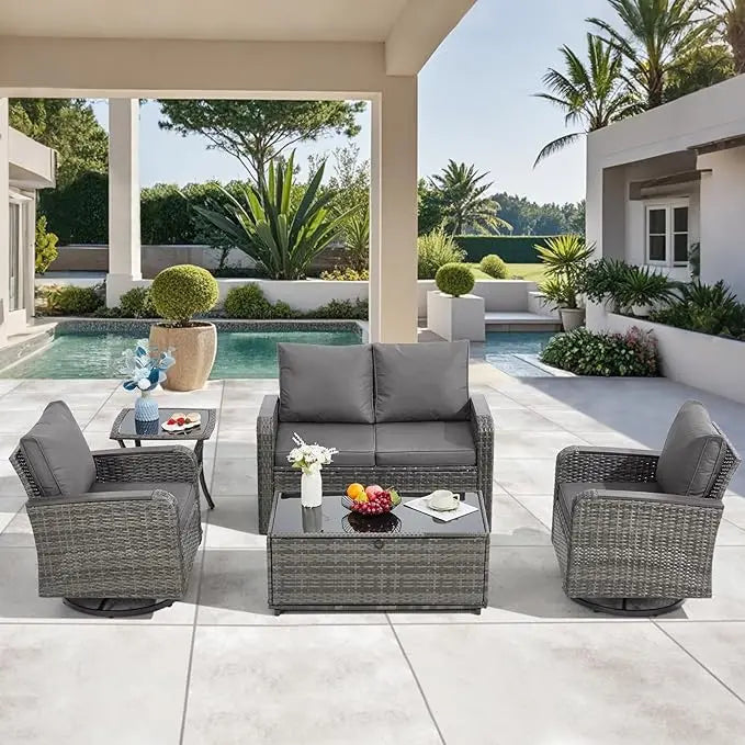 5 Pieces Outdoor Furniture Set with Swivel Chairs, Wicker Patio Furniture for Porch Deck Bistro Lawn Garden Backyard Poolside
