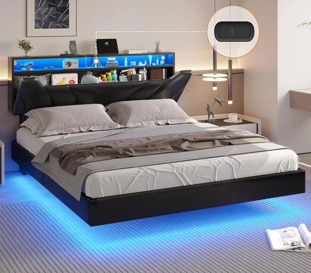 Queen Floating Bed Frame with Storage Headboard and LED Lights, Type-C & USB Port Upholstered Platform Bed with Storage, Beds