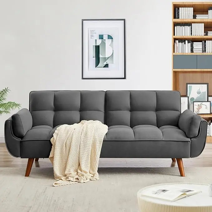 Convertible Futon Sofa Bed, Linen Sleeper Couch, 75" W Modern 3 Seater Tufted Sofa with Adjustable Backrests and Solid Wood Legs