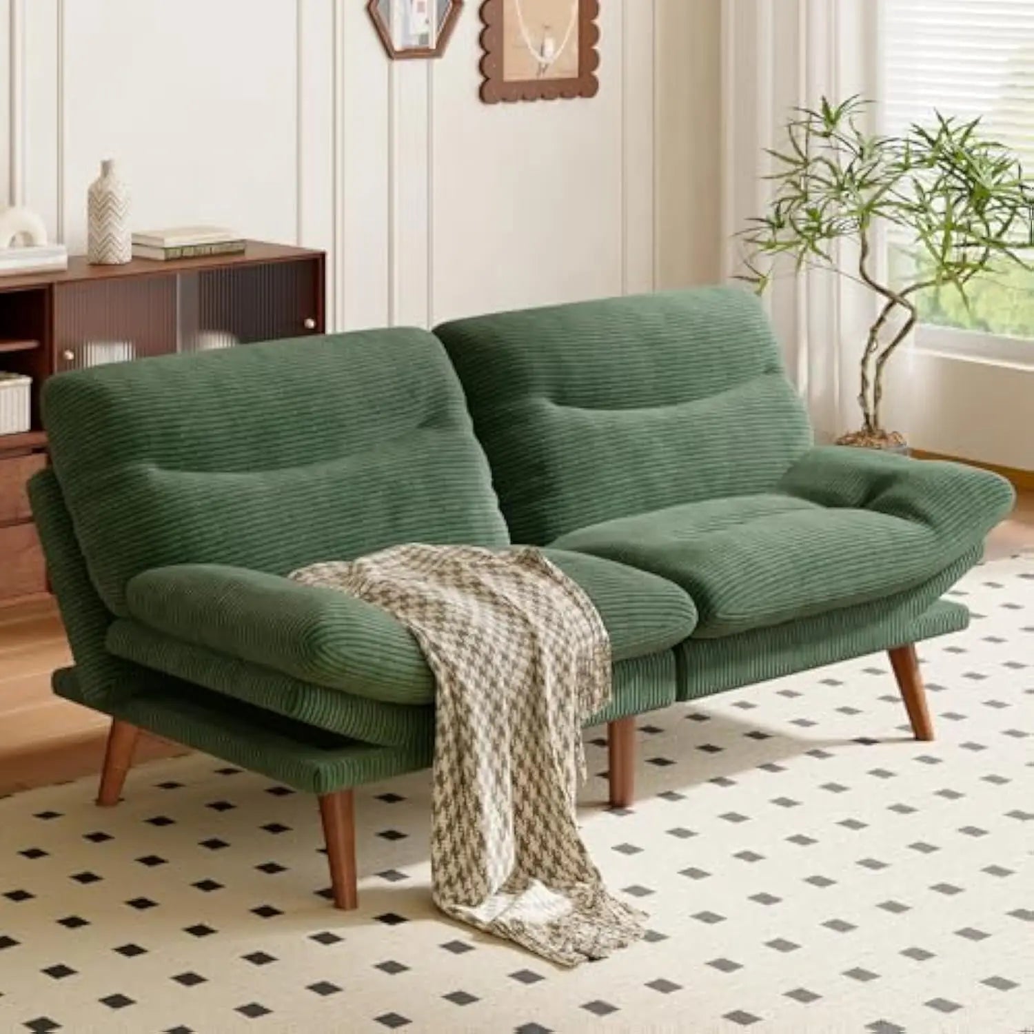 Convertible Futon Sofa Bed,66″ Green futon with Adjustable Backrest & Armrests,Folding Futon Sleeper Recliner for Small Spaces
