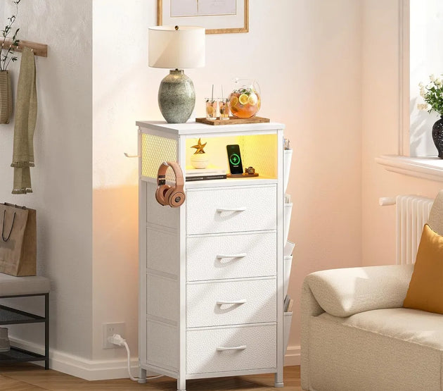 Nightstand Set of 2,LED Night Stand with Charging Station,Fabric Dresser for Bedroom, Hallway, Entryway, Living Room, Closet