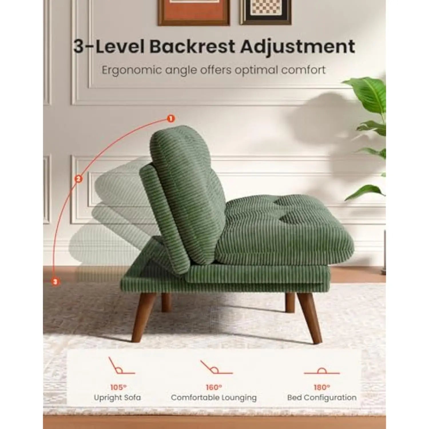 Convertible Futon Sofa Bed,66″ Green futon with Adjustable Backrest & Armrests,Folding Futon Sleeper Recliner for Small Spaces