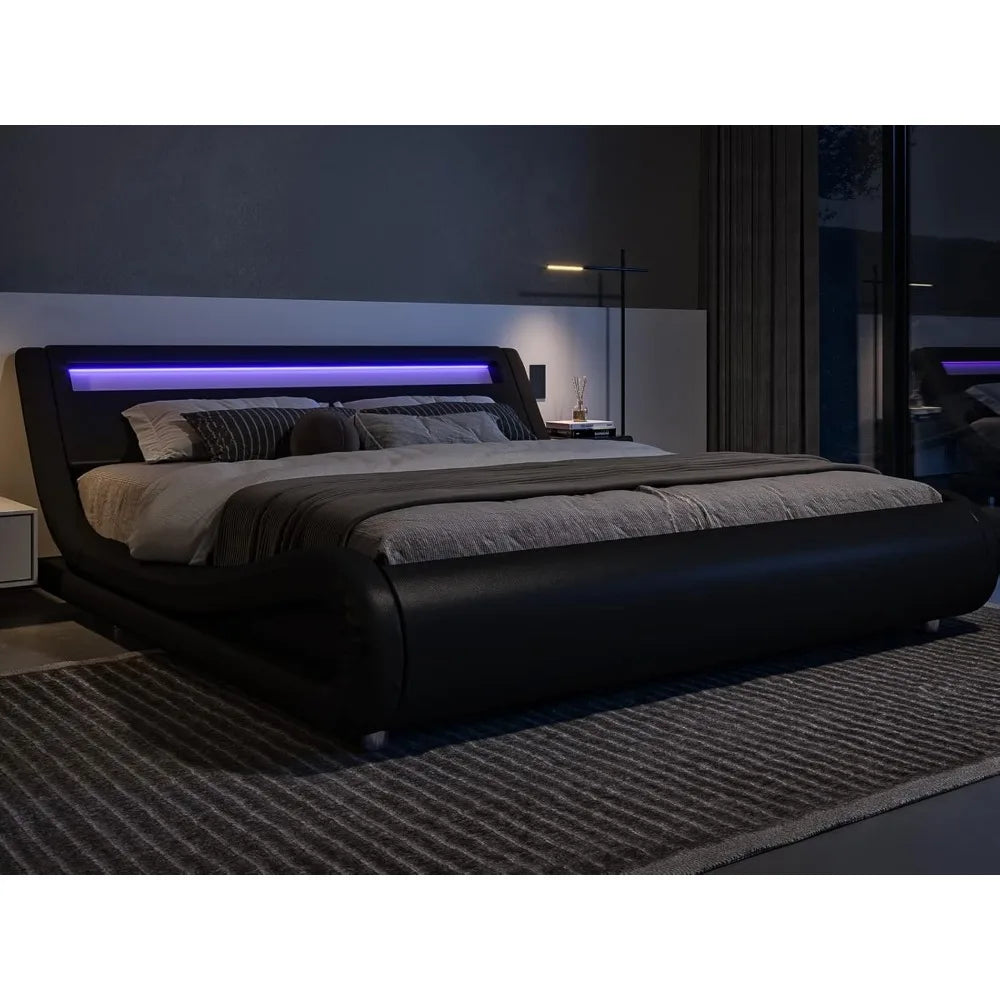 LED Platform Bed Frame with Adjustable Headboard/No Box Spring Need/Easy Assembly/Faux Leather