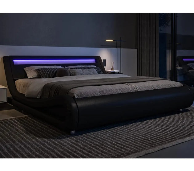 LED Platform Bed Frame with Adjustable Headboard/No Box Spring Need/Easy Assembly/Faux Leather