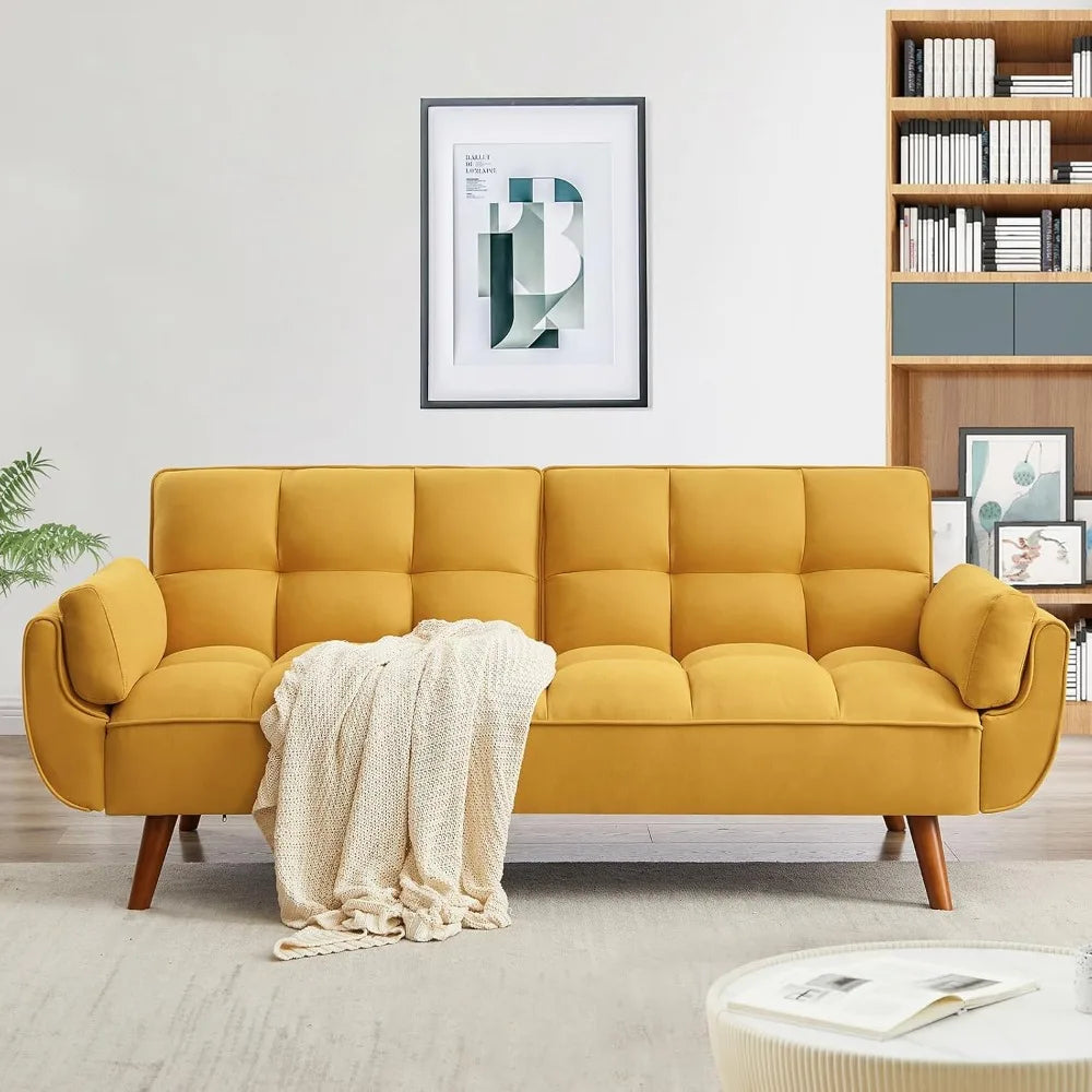 Convertible Futon Sofa Bed, Linen Sleeper Couch, 75" W Modern 3 Seater Tufted Sofa with Adjustable Backrests and Solid Wood Legs