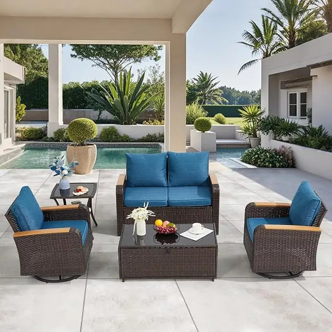 5 Pieces Outdoor Furniture Set with Swivel Chairs, Wicker Patio Furniture for Porch Deck Bistro Lawn Garden Backyard Poolside