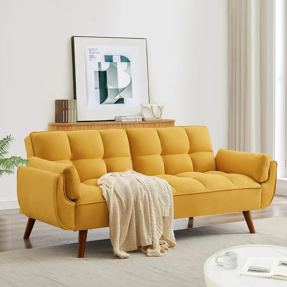 Convertible Futon Sofa Bed, Linen Sleeper Couch, 75" W Modern 3 Seater Tufted Sofa with Adjustable Backrests and Solid Wood Legs