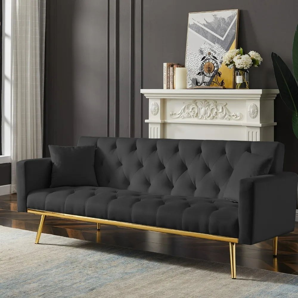 73" Modern Velvet Sofa Bed Futon, 3 Angle Adjustable Backrest, Loveseat with 4 Golden Metal Legs, Convertible Sleeper Sofa Couch