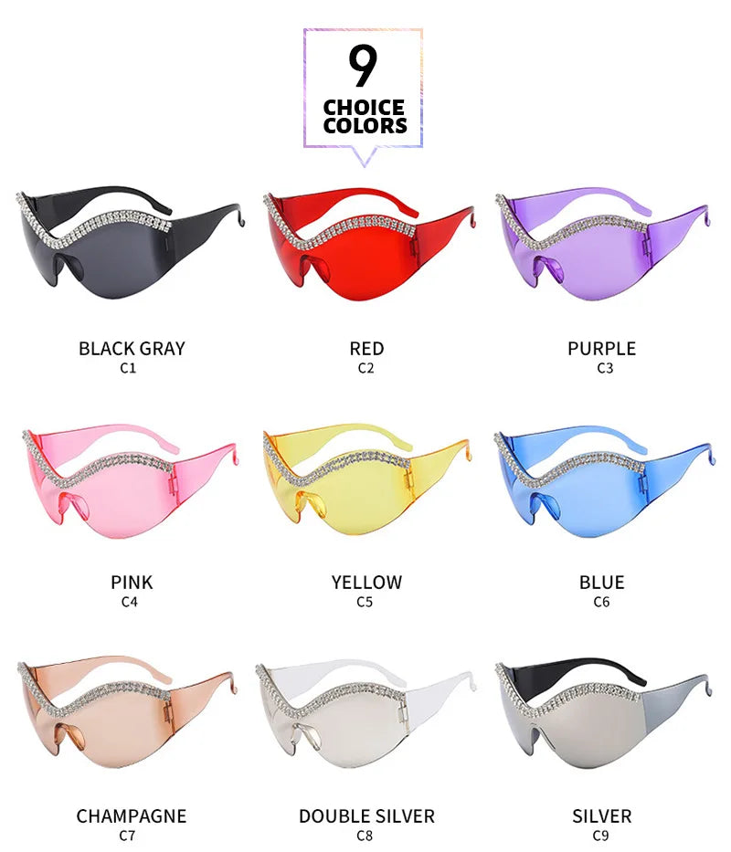Y2k Style Large Framed Wrap Around Black Futuristic Diamond Sun Glasses Fashion Sunglasses Street Shades Beach Accessories