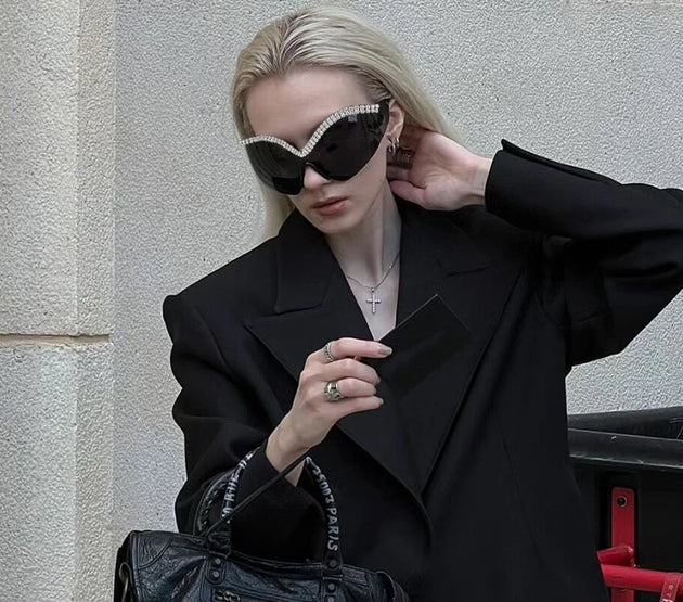 Y2k Style Large Framed Wrap Around Black Futuristic Diamond Sun Glasses Fashion Sunglasses Street Shades Beach Accessories