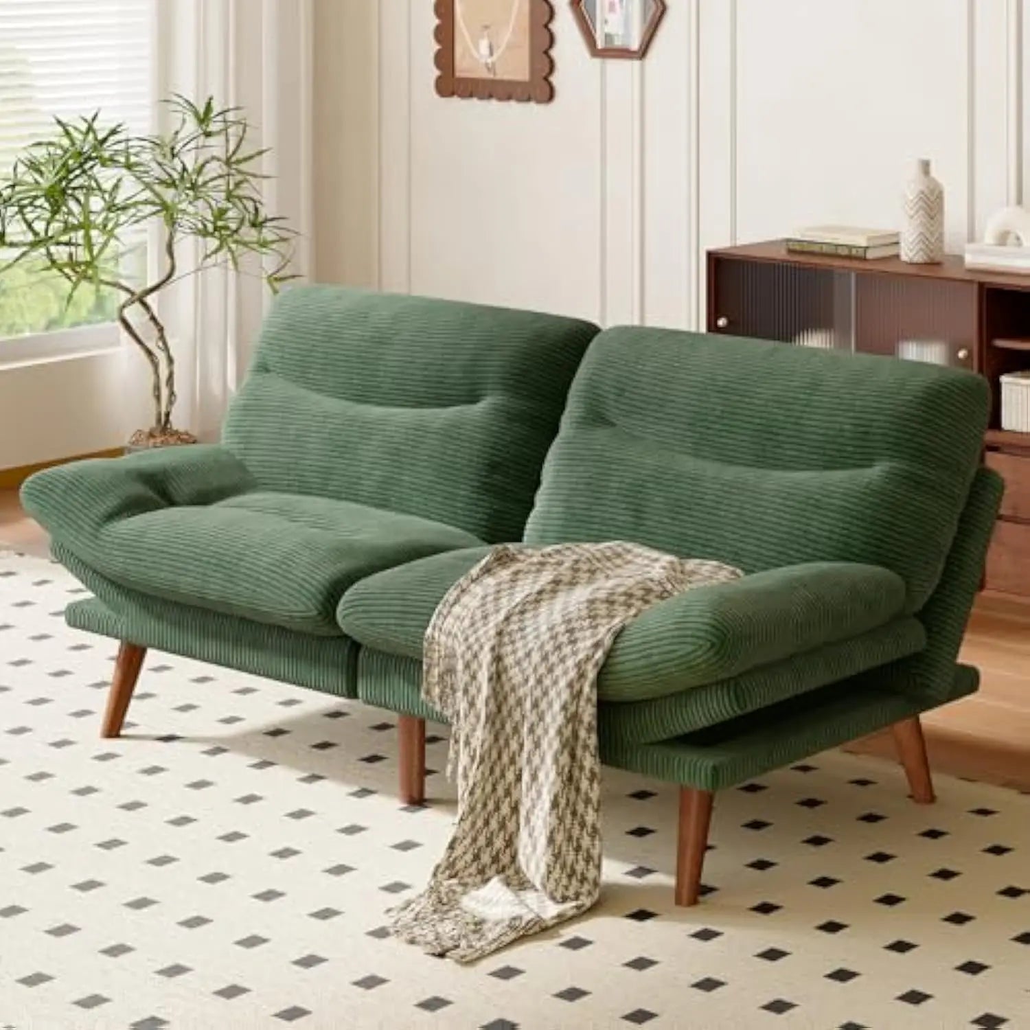 Convertible Futon Sofa Bed,66″ Green futon with Adjustable Backrest & Armrests,Folding Futon Sleeper Recliner for Small Spaces