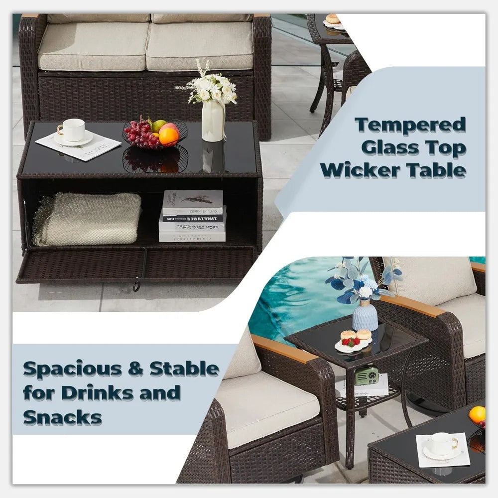 5 Pieces Outdoor Furniture Set with Swivel Chairs, Wicker Patio Furniture for Porch Deck Bistro Lawn Garden Backyard Poolside
