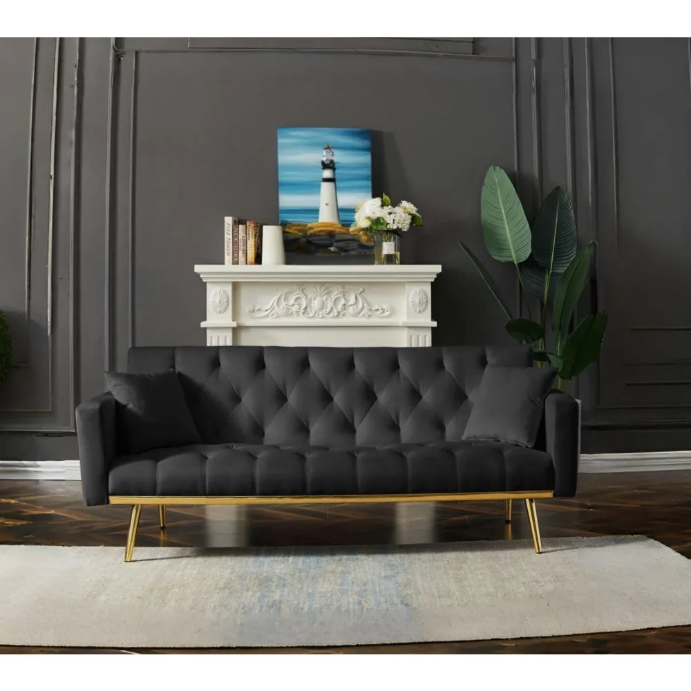 73" Modern Velvet Sofa Bed Futon, 3 Angle Adjustable Backrest, Loveseat with 4 Golden Metal Legs, Convertible Sleeper Sofa Couch