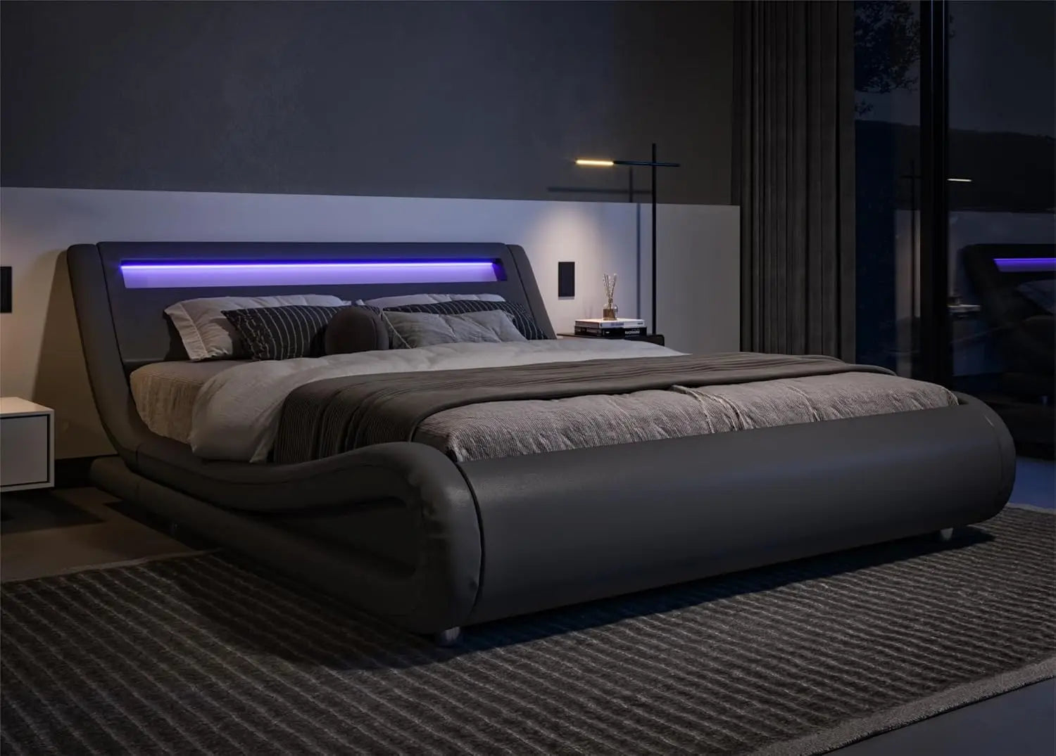 LED Platform Bed Frame with Adjustable Headboard/No Box Spring Need/Easy Assembly/Faux Leather