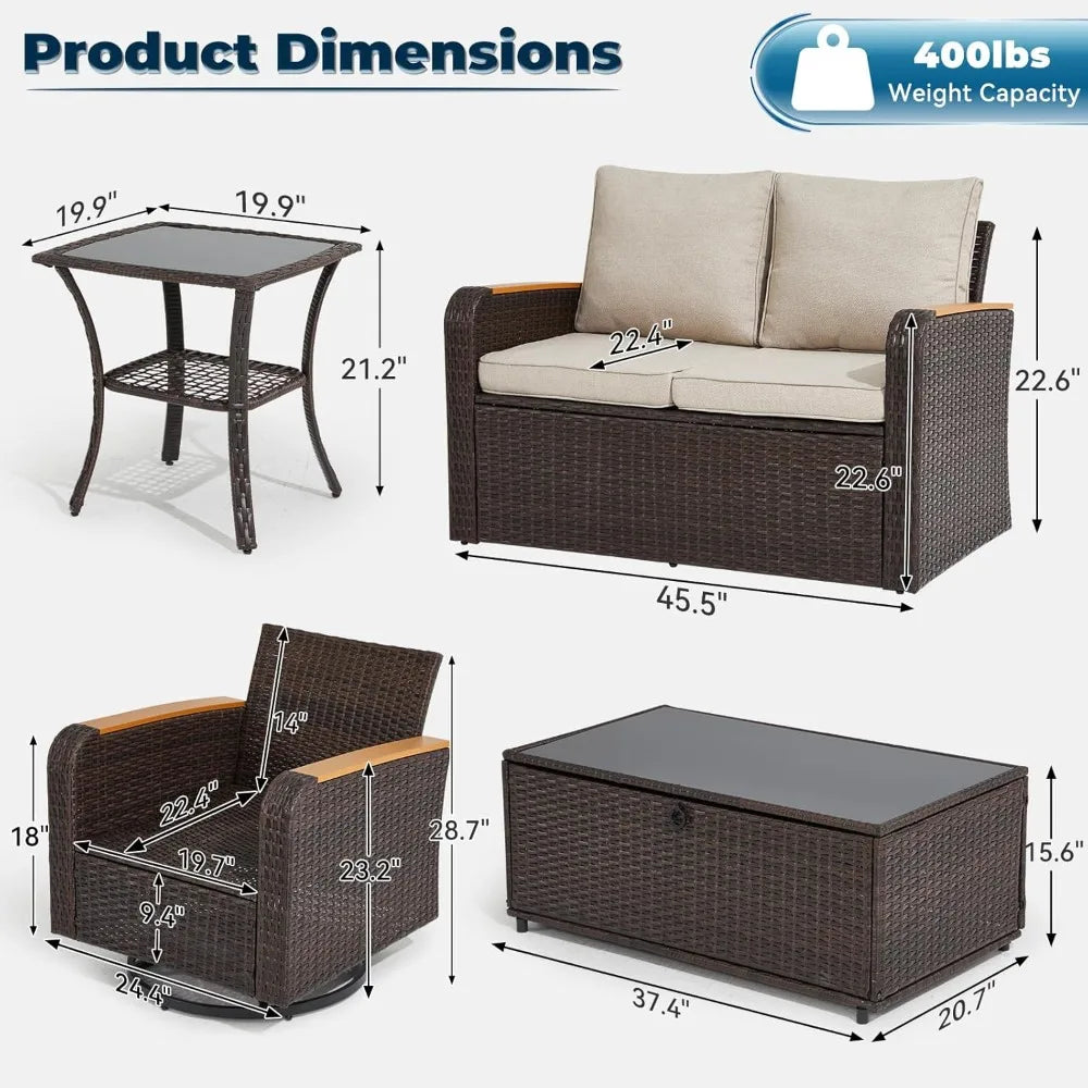 5 Pieces Outdoor Furniture Set with Swivel Chairs, Wicker Patio Furniture for Porch Deck Bistro Lawn Garden Backyard Poolside