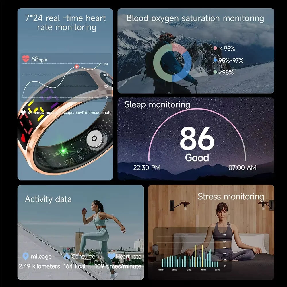 JELLOO 2025 New Color Screen Smart Ring With Heart rate monitoring Smart Touch Health Tracker Fitness 5ATM Waterproof Men Women