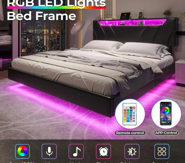 Queen Floating Bed Frame with Storage Headboard and LED Lights, Type-C & USB Port Upholstered Platform Bed with Storage, Beds