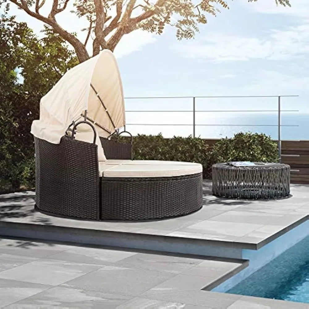 Patio Furniture Outdoor Round Daybed with Retractable Canopy Wicker Rattan Separated Seating Sectional Sofa for Patio Lawn