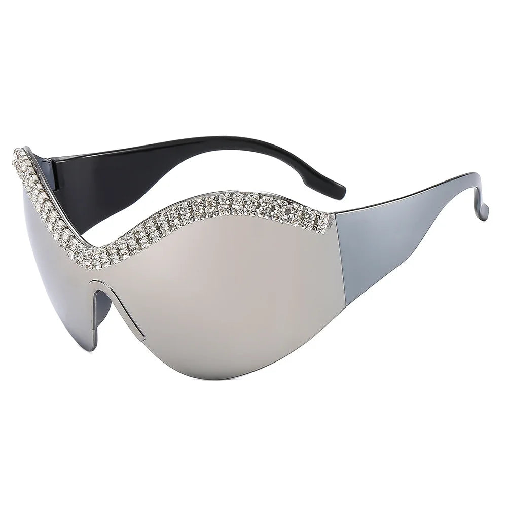 Y2k Style Large Framed Wrap Around Black Futuristic Diamond Sun Glasses Fashion Sunglasses Street Shades Beach Accessories