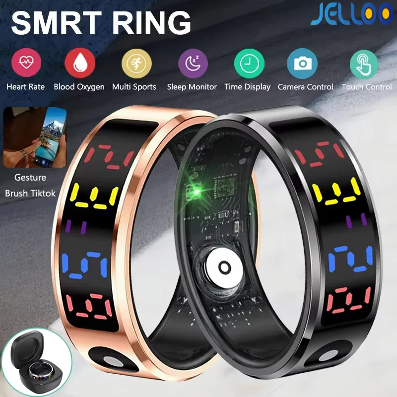 JELLOO 2025 New Color Screen Smart Ring With Heart rate monitoring Smart Touch Health Tracker Fitness 5ATM Waterproof Men Women