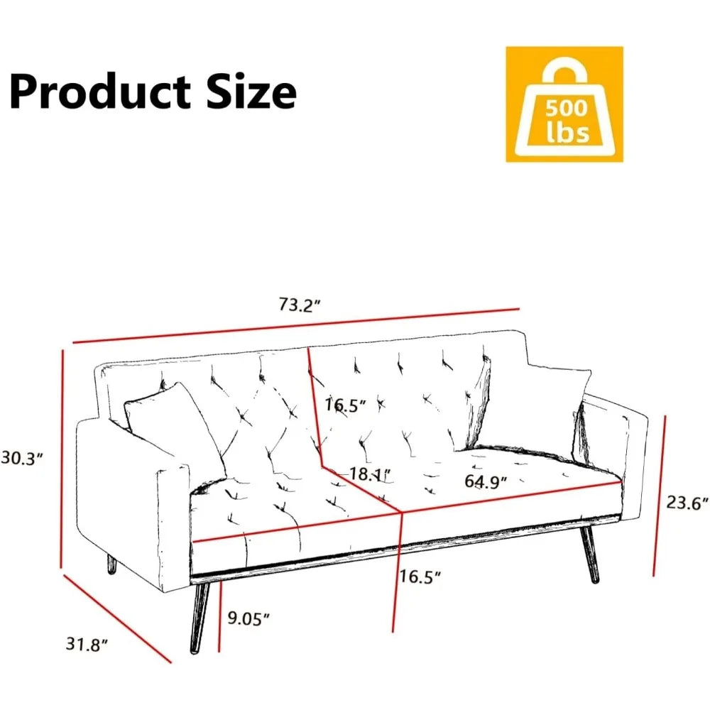 73" Modern Velvet Sofa Bed Futon, 3 Angle Adjustable Backrest, Loveseat with 4 Golden Metal Legs, Convertible Sleeper Sofa Couch