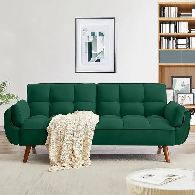 Convertible Futon Sofa Bed, Linen Sleeper Couch, 75" W Modern 3 Seater Tufted Sofa with Adjustable Backrests and Solid Wood Legs