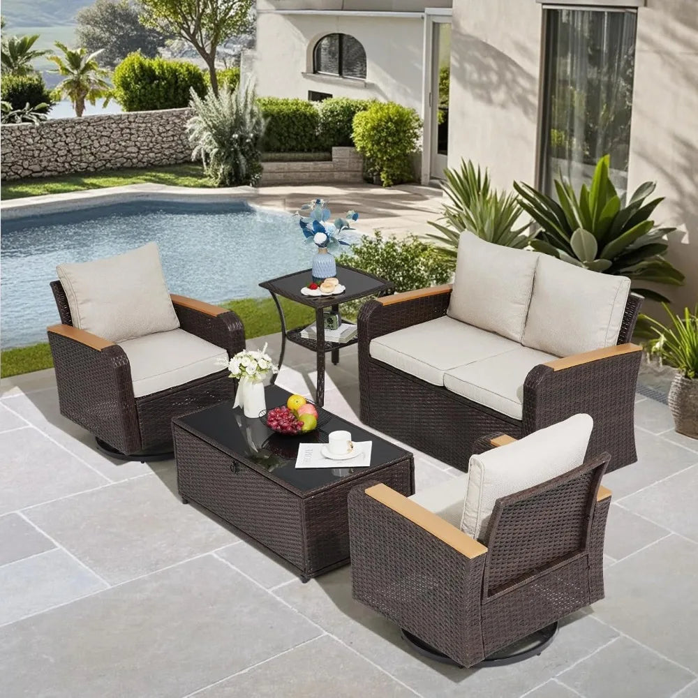 5 Pieces Outdoor Furniture Set with Swivel Chairs, Wicker Patio Furniture for Porch Deck Bistro Lawn Garden Backyard Poolside