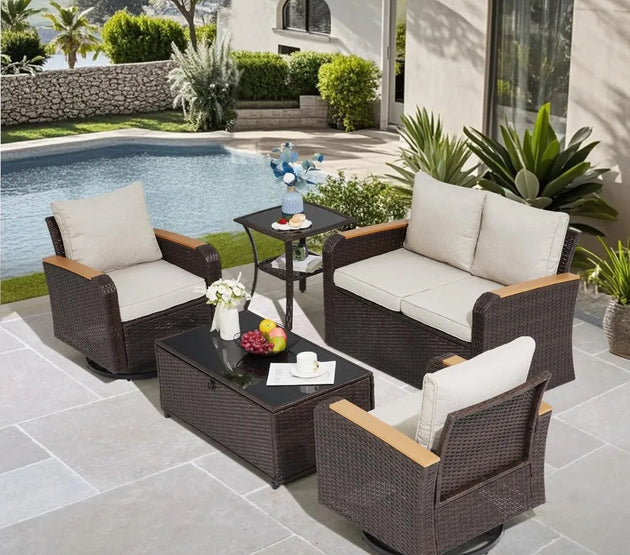5 Pieces Outdoor Furniture Set with Swivel Chairs, Wicker Patio Furniture for Porch Deck Bistro Lawn Garden Backyard Poolside