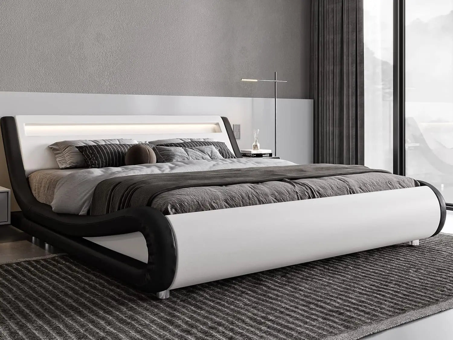 LED Platform Bed Frame with Adjustable Headboard/No Box Spring Need/Easy Assembly/Faux Leather