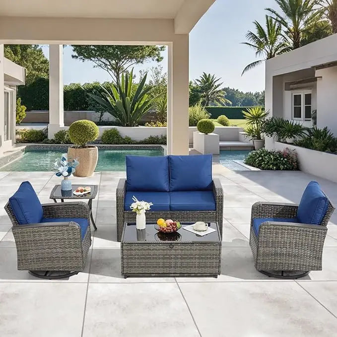 5 Pieces Outdoor Furniture Set with Swivel Chairs, Wicker Patio Furniture for Porch Deck Bistro Lawn Garden Backyard Poolside